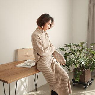 Set: Turtle-neck Ribbed Knit Top + Band-waist Slit-side Midi Skirt