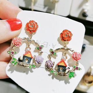 Glaze Flower & House Dangle Earring 1 Pair - As Shown In Figure - One Size