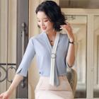 Two-tone Tie-neck Elbow-sleeve Blouse / Dress Pants / Pencil Skirt / Set