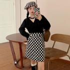 Long-sleeve V-neck Top / Checkerboard Mini A-line Skirt