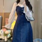 Long-sleeve Blouse / Midi A-line Denim Overall Dress