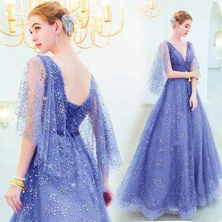 Elbow-sleeve Sequined Mesh A-line Evening Gown