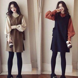 Set: Plain Lantern-sleeve Blouse + Pinafore Dress