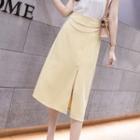 Faux Pearl Trim Slit Midi A-line Skirt