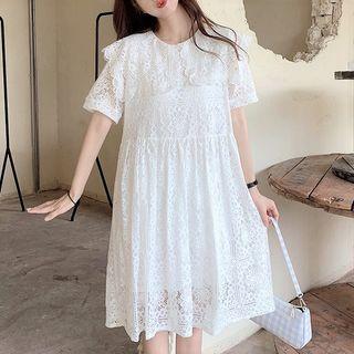 Short-sleeve Collared Lace A-line Dress White - One Size