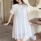 Short-sleeve Collared Lace A-line Dress White - One Size