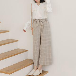 Cropped Plaid Wide Leg Pants Khaki - One Size