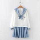Cartoon Embroidered Sailor Collar Blouse / Pleated A-line Skirt / Set