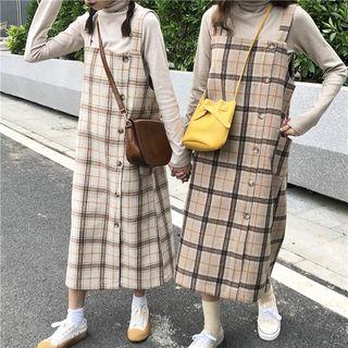 Plain Turtleneck Long-sleeve Slim-fit Top / Check Jumper Dress