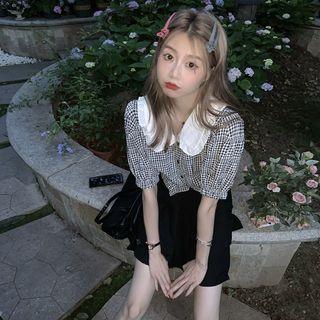 Contrast Collared Plaid Cropped Blouse Black - One Size