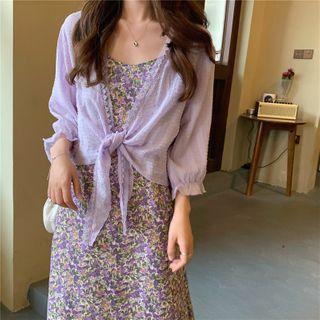 Tie-front Light Jacket / Spaghetti Strap Floral Print A-line Midi Dress