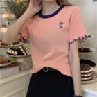 Round Collar Embroider Knit Short-sleeved Top