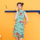 Deer Printed Short-sleeve Qipao Dress