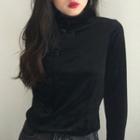 Mock-turtleneck Frog Button Long-sleeve Velvet Top