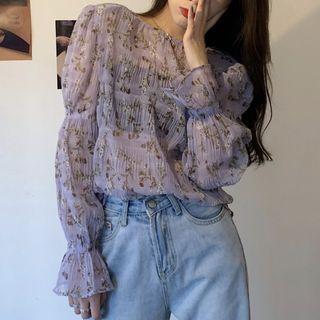 Floral Print Chiffon Blouse Purple - One Size