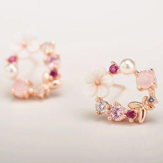 Embellished Flower Hoop Earring 01 - 2069 - Gold - One Size