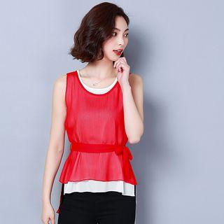 Mock Two Piece Sleeveless Chiffon Top