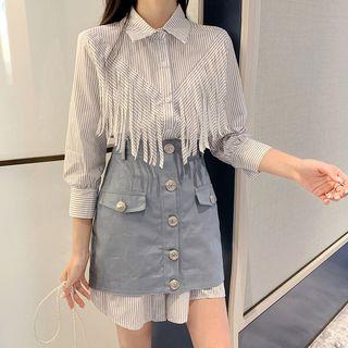 Set: Fringed Striped Shirt Dress + Mini A-line Denim Skirt