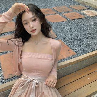 Knit Strapless Top / Light Jacket / A-line Skirt / Set