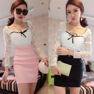 Lace Long-sleeve Square Neck Skinny Mini Dress