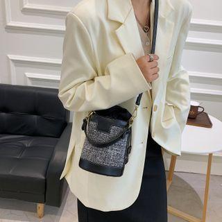 Canvas Panel Faux Leather Bucket Crossbody Bag