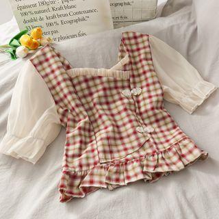 Patchwork Frog-button Checker Qipao Top