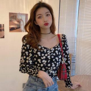 Long-sleeve Floral Print Crop Top White Flowers - Black - One Size
