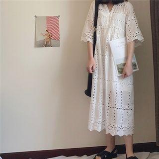 Set: Short-sleeve A-line Midi Dress + Strappy Dress