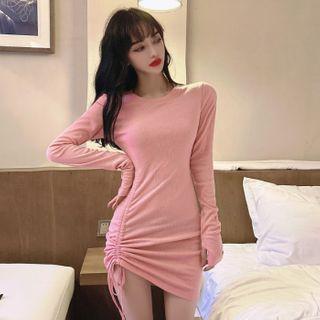 Plain Long-sleeve Knit Drawstring Mini Dress