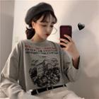 Long-sleeve Printed Crop T-shirt Gray - One Size