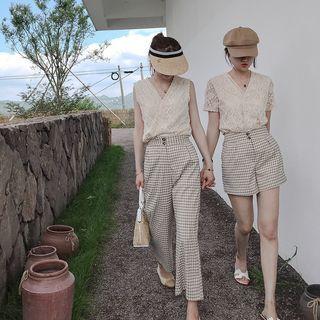 Lace Top / Plaid Shorts / Wide Leg Pants / Set