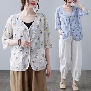 Elbow-sleeve Floral Print Button-up Jacket