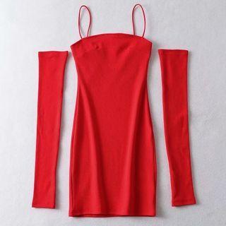 Set: Spaghetti Strap Plain Mini Dress + Arm Sleeves