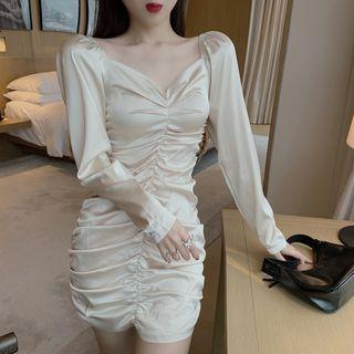 Long-sleeve Crinkled Satin Mini Sheath Dress Almond - One Size