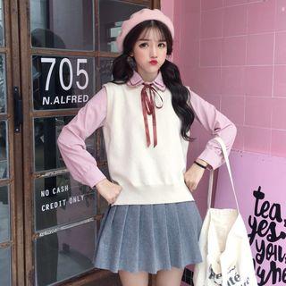 Striped Long-sleeve Shirt / Knit Sweater Vest Set