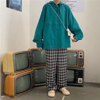 Zip Placket Hoodie / Plaid Wide-leg Pants