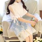 Set: Elbow-sleeve Shirt + Midi A-line Lace Skirt
