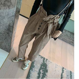 Houndstooth Wide-leg Suspender Pants