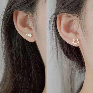 Rhinestone Cat & Fish Earring As Shown In Figure - One Size