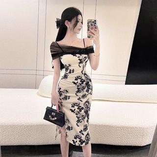 Cold-shoulder Mesh Panel Floral Midi Bodycon Dress