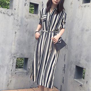 Elbow-sleeve Striped Midi Chiffon Dress