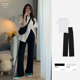 Elbow-sleeve Slit T-shirt / Wide-leg Dress Pants