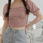 Puff Short-sleeve Checked Cropped Blouse