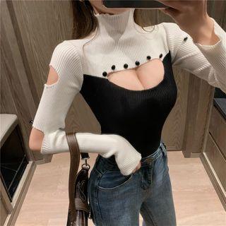 Mock-turtleneck Cutout Ribbed Knit Top