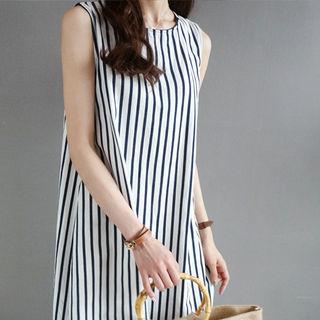 Sleeveless Stripe A-line Long Dress With Sash