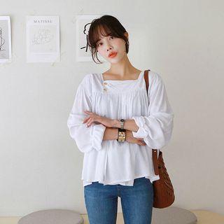 Square-neck Shirred Silky Blouse