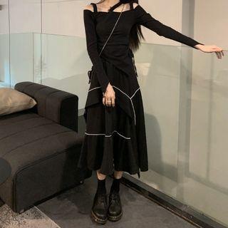 Long-sleeve Cold-shoulder Drawstring T-shirt / Contrast Trim Midi A-line Skirt