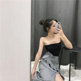 Plain Tube Top / Ruffle Trim Plaid Midi Skirt