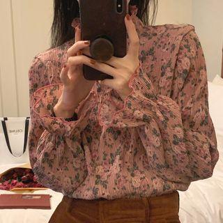 Mock-neck Floral Print Chiffon Blouse Pink - One Size