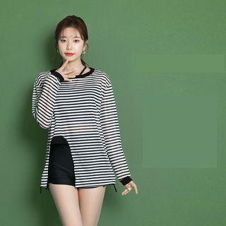 Set: Plain Bikini Top + Bottom + Long-sleeve Striped Top